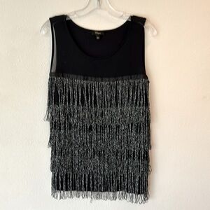 Cupio large black silver fringe top sheer scoop neckline